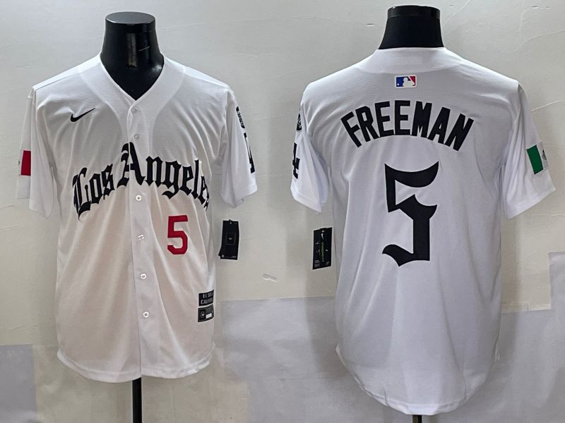 Men Los Angeles Dodgers #5 Freeman White Five generations Joint Name 2025 Nike MLB Jersey style 2